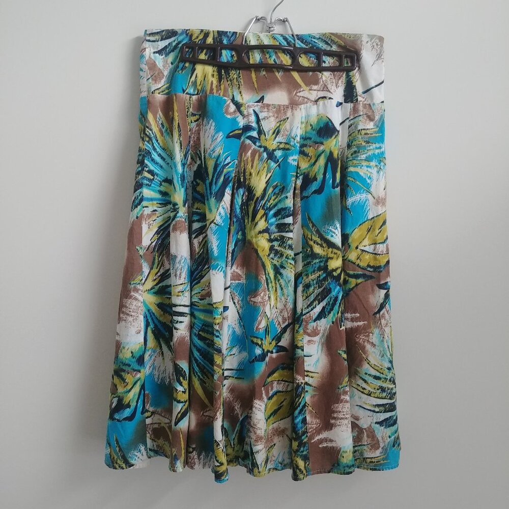 Rachel Adams 100% cotton midi skirt full pleated lined blue green pattern 8